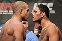 TORONTO, ON - DECEMBER 09:  (L-R) Light Heavyweight opponents Tito Ortiz and Antonio Rogerio  Nogueira face off after weighing in during the UFC 140 Official Weigh-in at the Air Canada Centre on December 9, 2011 in Toronto, Canada.  (Photo by Josh Hedges/Zuffa LLC/Zuffa LLC via Getty Images)