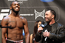 TORONTO, ON - DECEMBER 09:  (L-R) UFC Light Heavyweight Champion Jon "Bones" Jones is interviewed by Joe Rogan after the UFC 140 Official Weigh-in at the Air Canada Centre on December 9, 2011 in Toronto, Canada.  (Photo by Josh Hedges/Zuffa LLC/Zuffa LLC via Getty Images)