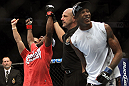 TORONTO, ON - DECEMBER 10:  Yves Jabouin (L) and Walel Watson (R) react after Jabouin is announced the winner by split decision in their bout during the UFC 140 event at Air Canada Centre on December 10, 2011 in Toronto, Ontario, Canada.  (Photo by Josh Hedges/Zuffa LLC/Zuffa LLC via Getty Images)