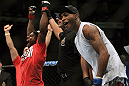 TORONTO, ON - DECEMBER 10:  Yves Jabouin (L) and Walel Watson (R) react after Jabouin is announced the winner by split decision in their bout during the UFC 140 event at Air Canada Centre on December 10, 2011 in Toronto, Ontario, Canada.  (Photo by Josh Hedges/Zuffa LLC/Zuffa LLC via Getty Images)