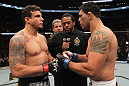 TORONTO, ON - DECEMBER 10:  (L-R) Heavyweight opponents Frank Mir and Antonio Rodrigo Nogueira receive final instructions from referee Herb Dean before their bout during the UFC 140 event at Air Canada Centre on December 10, 2011 in Toronto, Ontario, Canada.  (Photo by Nick Laham/Zuffa LLC/Zuffa LLC via Getty Images)