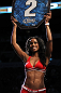 TORONTO, ON - DECEMBER 10:  UFC Octagon Girl Chandella Powell introduces round two during the Cholish v Clarke bout during the UFC 140 event at Air Canada Centre on December 10, 2011 in Toronto, Ontario, Canada.  (Photo by Josh Hedges/Zuffa LLC/Zuffa LLC via Getty Images)