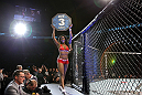TORONTO, ON - DECEMBER 10:  UFC Octagon Girl Chandella Powell introduces round three during the Watson v Jabouin bout during the UFC 140 event at Air Canada Centre on December 10, 2011 in Toronto, Canada.  (Photo by Josh Hedges/Zuffa LLC/Zuffa LLC via Getty Images)