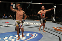 LAS VEGAS, NV - DECEMBER 30:  Diego Nunes (white) and Manny Gamburyan (black) acknowledge the crowd after their fight during the UFC 141 event at the MGM Grand Garden Arena on December 30, 2011 in Las Vegas, Nevada.  (Photo by Donald Miralle/Zuffa LLC/Zuffa LLC via Getty Images) *** Local Caption *** Diego Nunes; Manny Gamburyan