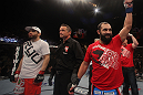 LAS VEGAS, NV - DECEMBER 30:  Johny Hendricks (right) and Jon Fitch (left) await the official decision of their fight during the UFC 141 event at the MGM Grand Garden Arena on December 30, 2011 in Las Vegas, Nevada.  (Photo by Donald Miralle/Zuffa LLC/Zuffa LLC via Getty Images) *** Local Caption *** Johny Hendricks; Jon Fitch