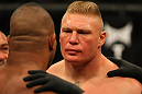 LAS VEGAS, NV - DECEMBER 30:  Brock Lesnar (right) faces off with Alistair Overeem (left) before their fight during the UFC 141 event at the MGM Grand Garden Arena on December 30, 2011 in Las Vegas, Nevada.  (Photo by Donald Miralle/Zuffa LLC/Zuffa LLC via Getty Images) *** Local Caption *** Brock Lesnar; Alistair Overeem