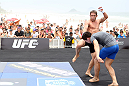 RIO DE JANEIRO, BRAZIL - JANUARY 11:  Chad Mendes works out for the media and fans during the UFC 142 Open Workouts at Barra de Tijuca Beach on January 11, 2012 in Rio de Janeiro, Brazil.  (Photo by Josh Hedges/Zuffa LLC/Zuffa LLC via Getty Images)