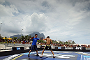 RIO DE JANEIRO, BRAZIL - JANUARY 11:  Jose Aldo works out for the media and fans during the UFC 142 Open Workouts at Barra de Tijuca Beach on January 11, 2012 in Rio de Janeiro, Brazil.  (Photo by Josh Hedges/Zuffa LLC/Zuffa LLC via Getty Images)