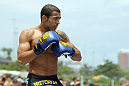 RIO DE JANEIRO, BRAZIL - JANUARY 11:  Jose Aldo works out for the media and fans during the UFC 142 Open Workouts at Barra de Tijuca Beach on January 11, 2012 in Rio de Janeiro, Brazil.  (Photo by Josh Hedges/Zuffa LLC/Zuffa LLC via Getty Images)
