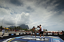 RIO DE JANEIRO, BRAZIL - JANUARY 11:  Jose Aldo works out for the media and fans during the UFC 142 Open Workouts at Barra de Tijuca Beach on January 11, 2012 in Rio de Janeiro, Brazil.  (Photo by Josh Hedges/Zuffa LLC/Zuffa LLC via Getty Images)