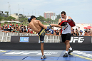 RIO DE JANEIRO, BRAZIL - JANUARY 11:  Jose Aldo works out for the media and fans during the UFC 142 Open Workouts at Barra de Tijuca Beach on January 11, 2012 in Rio de Janeiro, Brazil.  (Photo by Josh Hedges/Zuffa LLC/Zuffa LLC via Getty Images)