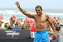RIO DE JANEIRO, BRAZIL - JANUARY 11:  Jose Aldo works out for the media and fans during the UFC 142 Open Workouts at Barra de Tijuca Beach on January 11, 2012 in Rio de Janeiro, Brazil.  (Photo by Josh Hedges/Zuffa LLC/Zuffa LLC via Getty Images)