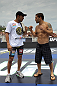 RIO DE JANEIRO, BRAZIL - JANUARY 11:  (L-R) UFC Featherweight Champion Jose Aldo and challenger Chad Mendes face off during the UFC 142 Open Workouts at Barra de Tijuca Beach on January 11, 2012 in Rio de Janeiro, Brazil.  (Photo by Josh Hedges/Zuffa LLC/Zuffa LLC via Getty Images)