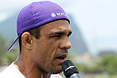 RIO DE JANEIRO, BRAZIL - JANUARY 11:  Vitor Belfort is interviewed after working out during the UFC 142 Open Workouts at Barra de Tijuca Beach on January 11, 2012 in Rio de Janeiro, Brazil.  (Photo by Josh Hedges/Zuffa LLC/Zuffa LLC via Getty Images)