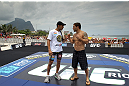 RIO DE JANEIRO, BRAZIL - JANUARY 11:  (L-R) UFC Featherweight Champion Jose Aldo and challenger Chad Mendes face off during the UFC 142 Open Workouts at Barra de Tijuca Beach on January 11, 2012 in Rio de Janeiro, Brazil.  (Photo by Josh Hedges/Zuffa LLC/Zuffa LLC via Getty Images)