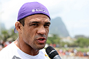 RIO DE JANEIRO, BRAZIL - JANUARY 11:  Vitor Belfort is interviewed after working out during the UFC 142 Open Workouts at Barra de Tijuca Beach on January 11, 2012 in Rio de Janeiro, Brazil.  (Photo by Josh Hedges/Zuffa LLC/Zuffa LLC via Getty Images)