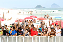 RIO DE JANEIRO, BRAZIL - JANUARY 11:  Fans react during the UFC 142 Open Workouts at Barra de Tijuca Beach on January 11, 2012 in Rio de Janeiro, Brazil.  (Photo by Josh Hedges/Zuffa LLC/Zuffa LLC via Getty Images)