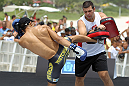 RIO DE JANEIRO, BRAZIL - JANUARY 11:  Jose Aldo works out for the media and fans during the UFC 142 Open Workouts at Barra de Tijuca Beach on January 11, 2012 in Rio de Janeiro, Brazil.  (Photo by Josh Hedges/Zuffa LLC/Zuffa LLC via Getty Images)