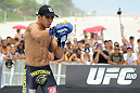 RIO DE JANEIRO, BRAZIL - JANUARY 11:  Jose Aldo works out for the media and fans during the UFC 142 Open Workouts at Barra de Tijuca Beach on January 11, 2012 in Rio de Janeiro, Brazil.  (Photo by Josh Hedges/Zuffa LLC/Zuffa LLC via Getty Images)