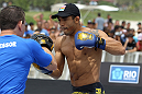 RIO DE JANEIRO, BRAZIL - JANUARY 11:  Jose Aldo works out for the media and fans during the UFC 142 Open Workouts at Barra de Tijuca Beach on January 11, 2012 in Rio de Janeiro, Brazil.  (Photo by Josh Hedges/Zuffa LLC/Zuffa LLC via Getty Images)