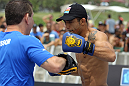 RIO DE JANEIRO, BRAZIL - JANUARY 11:  Jose Aldo works out for the media and fans during the UFC 142 Open Workouts at Barra de Tijuca Beach on January 11, 2012 in Rio de Janeiro, Brazil.  (Photo by Josh Hedges/Zuffa LLC/Zuffa LLC via Getty Images)