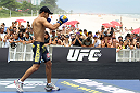 RIO DE JANEIRO, BRAZIL - JANUARY 11:  Jose Aldo works out for the media and fans during the UFC 142 Open Workouts at Barra de Tijuca Beach on January 11, 2012 in Rio de Janeiro, Brazil.  (Photo by Josh Hedges/Zuffa LLC/Zuffa LLC via Getty Images)