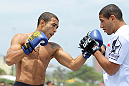 RIO DE JANEIRO, BRAZIL - JANUARY 11:  Jose Aldo works out for the media and fans during the UFC 142 Open Workouts at Barra de Tijuca Beach on January 11, 2012 in Rio de Janeiro, Brazil.  (Photo by Josh Hedges/Zuffa LLC/Zuffa LLC via Getty Images)