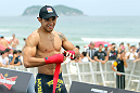 RIO DE JANEIRO, BRAZIL - JANUARY 11:  Jose Aldo works out for the media and fans during the UFC 142 Open Workouts at Barra de Tijuca Beach on January 11, 2012 in Rio de Janeiro, Brazil.  (Photo by Josh Hedges/Zuffa LLC/Zuffa LLC via Getty Images)