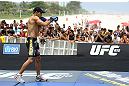 RIO DE JANEIRO, BRAZIL - JANUARY 11:  Jose Aldo works out for the media and fans during the UFC 142 Open Workouts at Barra de Tijuca Beach on January 11, 2012 in Rio de Janeiro, Brazil.  (Photo by Josh Hedges/Zuffa LLC/Zuffa LLC via Getty Images)