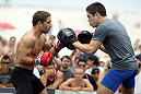 RIO DE JANEIRO, BRAZIL - JANUARY 11:  Chad Mendes works out for the media and fans during the UFC 142 Open Workouts at Barra de Tijuca Beach on January 11, 2012 in Rio de Janeiro, Brazil.  (Photo by Josh Hedges/Zuffa LLC/Zuffa LLC via Getty Images)