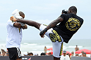 RIO DE JANEIRO, BRAZIL - JANUARY 11:  Anthony Johnson works out for the media and fans during the UFC 142 Open Workouts at Barra de Tijuca Beach on January 11, 2012 in Rio de Janeiro, Brazil.  (Photo by Josh Hedges/Zuffa LLC/Zuffa LLC via Getty Images)