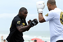 RIO DE JANEIRO, BRAZIL - JANUARY 11:  Anthony Johnson works out for the media and fans during the UFC 142 Open Workouts at Barra de Tijuca Beach on January 11, 2012 in Rio de Janeiro, Brazil.  (Photo by Josh Hedges/Zuffa LLC/Zuffa LLC via Getty Images)