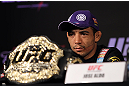 RIO DE JANEIRO, BRAZIL - JANUARY 12:  UFC Featherweight Champion Jose Aldo attends the final UFC 142 pre-fight press conference at the Copacabana Palace Hotel on January 12, 2012 in Rio de Janeiro, Brazil.  (Photo by Josh Hedges/Zuffa LLC/Zuffa LLC via Getty Images)