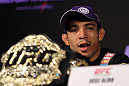 RIO DE JANEIRO, BRAZIL - JANUARY 12:  UFC Featherweight Champion Jose Aldo attends the final UFC 142 pre-fight press conference at the Copacabana Palace Hotel on January 12, 2012 in Rio de Janeiro, Brazil.  (Photo by Josh Hedges/Zuffa LLC/Zuffa LLC via Getty Images)