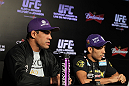 RIO DE JANEIRO, BRAZIL - JANUARY 12:  (L-R) Vitor Belfort and Jose Aldo attend the final UFC 142 pre-fight press conference at the Copacabana Palace Hotel on January 12, 2012 in Rio de Janeiro, Brazil.  (Photo by Josh Hedges/Zuffa LLC/Zuffa LLC via Getty Images)