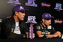 RIO DE JANEIRO, BRAZIL - JANUARY 12:  (L-R) Vitor Belfort and Jose Aldo attend the final UFC 142 pre-fight press conference at the Copacabana Palace Hotel on January 12, 2012 in Rio de Janeiro, Brazil.  (Photo by Josh Hedges/Zuffa LLC/Zuffa LLC via Getty Images)