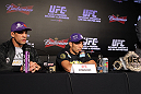 RIO DE JANEIRO, BRAZIL - JANUARY 12:  (L-R) Vitor Belfort and Jose Aldo attend the final UFC 142 pre-fight press conference at the Copacabana Palace Hotel on January 12, 2012 in Rio de Janeiro, Brazil.  (Photo by Josh Hedges/Zuffa LLC/Zuffa LLC via Getty Images)