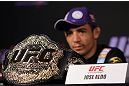 RIO DE JANEIRO, BRAZIL - JANUARY 12:  UFC Featherweight Champion Jose Aldo attends the final UFC 142 pre-fight press conference at the Copacabana Palace Hotel on January 12, 2012 in Rio de Janeiro, Brazil.  (Photo by Josh Hedges/Zuffa LLC/Zuffa LLC via Getty Images)