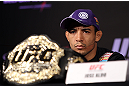 RIO DE JANEIRO, BRAZIL - JANUARY 12:  UFC Featherweight Champion Jose Aldo attends the final UFC 142 pre-fight press conference at the Copacabana Palace Hotel on January 12, 2012 in Rio de Janeiro, Brazil.  (Photo by Josh Hedges/Zuffa LLC/Zuffa LLC via Getty Images)