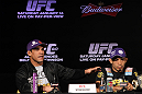 RIO DE JANEIRO, BRAZIL - JANUARY 12:  (L-R) Vitor Belfort and Jose Aldo attend the final UFC 142 pre-fight press conference at the Copacabana Palace Hotel on January 12, 2012 in Rio de Janeiro, Brazil.  (Photo by Josh Hedges/Zuffa LLC/Zuffa LLC via Getty Images)
