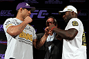RIO DE JANEIRO, BRAZIL - JANUARY 12:  (L-R) Opponents Vitor Belfort and Anthony Johnson face off during the final UFC 142 pre-fight press conference at the Copacabana Palace Hotel on January 12, 2012 in Rio de Janeiro, Brazil.  (Photo by Josh Hedges/Zuffa LLC/Zuffa LLC via Getty Images)