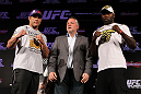 RIO DE JANEIRO, BRAZIL - JANUARY 12:  (L-R) Opponents Vitor Belfort and Anthony Johnson pose for photos during the final UFC 142 pre-fight press conference at the Copacabana Palace Hotel on January 12, 2012 in Rio de Janeiro, Brazil.  (Photo by Josh Hedges/Zuffa LLC/Zuffa LLC via Getty Images)