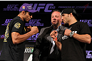 RIO DE JANEIRO, BRAZIL - JANUARY 12:  (L-R) UFC Featherweight Champion Jose Aldo faces off with Chad Mendes during the UFC 142 pre-fight presser at the Copacabana Palace Hotel (Photo by Josh Hedges/Zuffa LLC/Zuffa LLC via Getty Images)