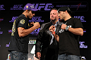 RIO DE JANEIRO, BRAZIL - JANUARY 12:  (L-R) UFC Featherweight Champion Jose Aldo faces off with Chad Mendes during the UFC 142 pre-fight presser at the Copacabana Palace Hotel (Photo by Josh Hedges/Zuffa LLC/Zuffa LLC via Getty Images)