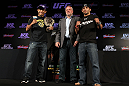 RIO DE JANEIRO, BRAZIL - JANUARY 12:  (L-R) UFC Featherweight Champion Jose Aldo and opponent Chad Mendes pose for photos during the final UFC 142 pre-fight press conference at the Copacabana Palace Hotel on January 12, 2012 in Rio de Janeiro, Brazil.  (Photo by Josh Hedges/Zuffa LLC/Zuffa LLC via Getty Images)
