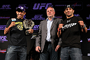 RIO DE JANEIRO, BRAZIL - JANUARY 12:  (L-R) UFC Featherweight Champion Jose Aldo and opponent Chad Mendes pose for photos during the final UFC 142 pre-fight press conference at the Copacabana Palace Hotel on January 12, 2012 in Rio de Janeiro, Brazil.  (Photo by Josh Hedges/Zuffa LLC/Zuffa LLC via Getty Images)