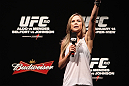 RIO DE JANEIRO, BRAZIL - JANUARY 13:  UFC Brazil host Paula Sack conducts a Q&A session with UFC Heavyweight Champion Junior dos Santos before the UFC 142 Weigh In at HSBC Arena on January 13, 2012 in Rio de Janeiro, Brazil.  (Photo by Josh Hedges/Zuffa LLC/Zuffa LLC via Getty Images)