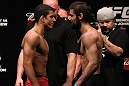 RIO DE JANEIRO, BRAZIL - JANUARY 13:  (L-R) Opponents Felipe Arantes and Antonio Carvalho face off after weighing in during the UFC 142 Weigh In at HSBC Arena on January 13, 2012 in Rio de Janeiro, Brazil.  (Photo by Josh Hedges/Zuffa LLC/Zuffa LLC via Getty Images)