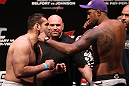 RIO DE JANEIRO, BRAZIL - JANUARY 13:  (L-R) Opponents Gabriel Gonzaga and Ednaldo Oliveira face off after weighing in during the UFC 142 Weigh In at HSBC Arena on January 13, 2012 in Rio de Janeiro, Brazil.  (Photo by Josh Hedges/Zuffa LLC/Zuffa LLC via Getty Images)