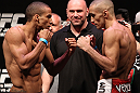 RIO DE JANEIRO, BRAZIL - JANUARY 13:  (L-R) Opponents Edson Barboza and Terry Etim face off after weighing in during the UFC 142 Weigh In at HSBC Arena on January 13, 2012 in Rio de Janeiro, Brazil.  (Photo by Josh Hedges/Zuffa LLC/Zuffa LLC via Getty Images)